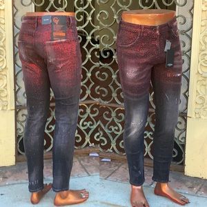 Men's George V Black Red Rhinestones Denim Pants